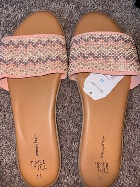 Time and Tru Tan Slide Sandals with Pink Beaded Strap